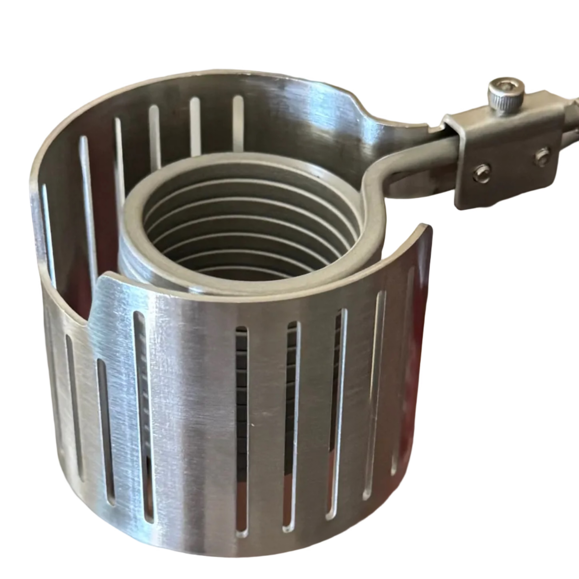 A stainless steel clamp-style electrode holder with a braided metal lead, shown above a red anode box labeled 'DISCORDANTLY CONDUCTING' on a wooden tabletop.