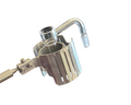 A stainless steel and glass laboratory apparatus component, featuring a cylindrical metal body with a slotted front, a glass chamber, and a curved glass tube with a white tip, shown against a plain white background.