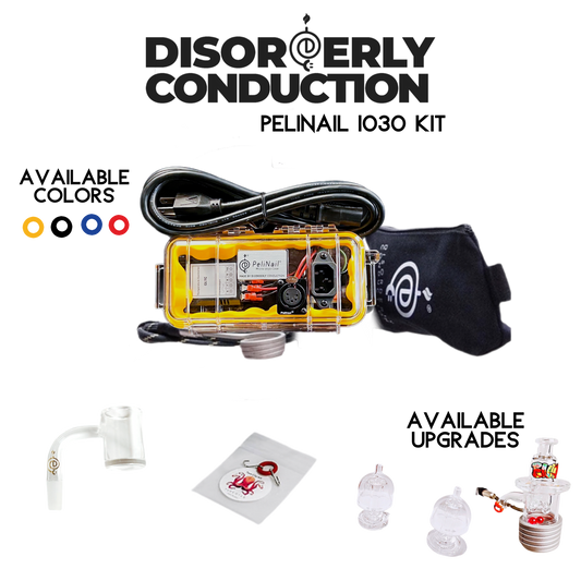 Clear Yellow PeliNail 1030 Enail Controller with temperature control for precise accuracy. Kevlar 25mm Cage Coil with Quartz Banger